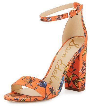 Sam Edelman Yaro Floral Block-Heel Sandal, Orange - [ad] Heels Orange, Strappy Block Heel Sandals, Orange Heels, Sam Edelman Sandals, Colorful Heels, Floral Sandals, Floral Heels, Ankle Strap Sandals Heels, Ankle Wrap Sandals