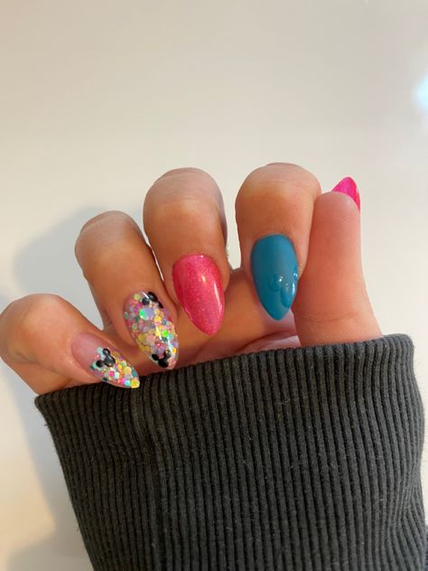 Find the hidden mickey 😏 Disney 50th Anniversary Inspired Nails, Disney Nails Bright, Mickey Nails Pink, Mickey Disney Nails, Colorful Mickey Nails, Low Key Disney Nails, Sorcerer Mickey Nails, Disney Flower Nails, Disneyland Acrylic Nails