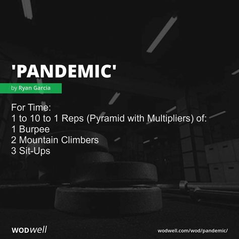 "Pandemic" WOD - For Time: 1 to 10 to 1 Reps (Pyramid with Multipliers) of:; 1 Burpee; 2 Mountain Climbers; 3 Sit-Ups Workouts To Burn Fat, Wods Crossfit, Crossfit Workouts Wod, Crossfit Workouts At Home, Crossfit At Home, Big Arms, Wod Workout, How To Get Bigger, Conditioning Workouts