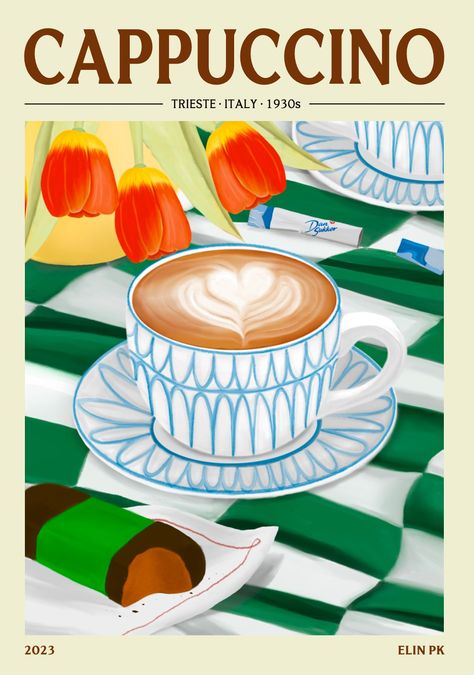 Our Cappuccino Poster is a captivating homage to the art of coffee. With rich colors and intricate details, it beautifully captures the essence of a perfectly crafted cappuccino, making it the centerpiece of any kitchen, coffee nook, or living space. It's like having a piece of your favorite café right at home. Recipes Chili, Art Of Coffee, Evolution Art, Women Artist, Rp Ideas, Coffee Nook, Coffee Wallpaper, Pizza Food, Cafe Art