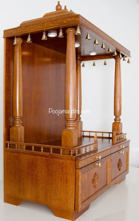 Wooden Mandir For Home, Pooja Cabinet, Wooden Mandir, Wooden Temple For Home, Modern Wood Desk, Pooja Door Design, Mandir Design, Temple Decor, Temple Design For Home