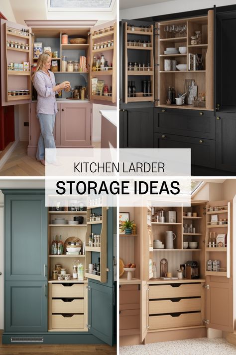 Create a showstopping larder storage centrepiece with accessories that elevate any kitchen scheme. From walk-in pantries to pull-out options for compact spaces, larder storage ideas offer solutions for storing everything from crockery to cookware and spices. These designs keep your cooking area tidy, with appliances neatly tucked away behind the cupboard door. Whether you’re customising to fit your layout or opting for a pre-fitted option, a larder pantry adds a unique touch to any home. Larder Unit Ideas, Howdens Kitchen Storage Ideas, Breakfast Larder, Larder Cupboard Ideas, Larder Ideas, Larder Pantry, Kitchen Larder Cupboard, Larder Storage, Spice Cupboard