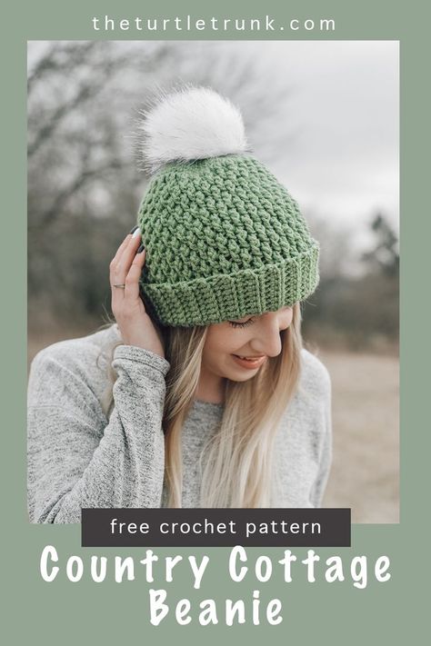 Women standing outside wearing a green, crochet beanie with white pom pom. Crochet Pattern Winter Hat, Quick Hat Crochet Pattern, Crochet Hat Pattern Size 3 Yarn, Family Crochet Hats, Crochet Wool Beanie Pattern Free, Crochet Hats With Bulky Yarn Free Pattern, Ladies Crochet Hat, Crochet Ladies Beanie Free Pattern, Womans Crochet Hat Pattern Free