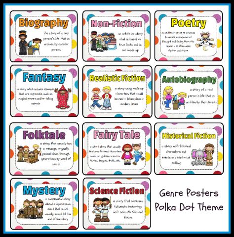 types of genres | Genres Poster Set - Polka Dot Theme Printable Worksheet with Answer ... Book Genre Posters, Genre Posters Free, Genres Of Literature, Reading Genre Posters, Types Of Genre, Genre Study, Reading Genres, Genre Posters, Polka Dot Theme