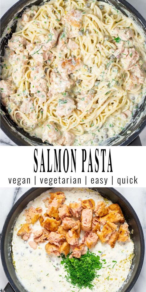 Dairy Free Creamy Salmon Pasta, Vegan Seafood Pasta, Salmon Pasta Dairy Free, Vegan Salmon Recipe, Vegan Salmon, Salmon Pasta Recipe, Creamy Salmon Pasta, Salmon Pasta Recipes, Easy Mediterranean Recipes