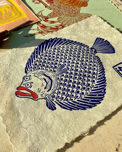 Fish Printmaking, Koi Linocut, Fish Linocut, Lobster Drawing, Fish Lino Print, Goldfish Linocut, Salmon Linocut, Fish Screen Print, Fish Engraving Illustration