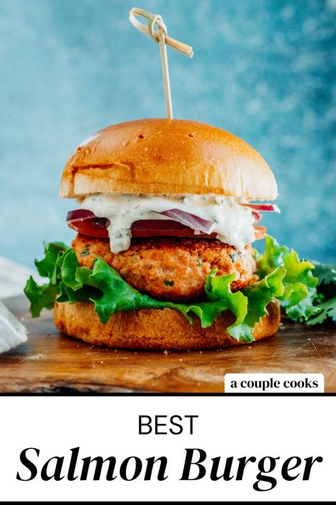 Here's the salmon burger recipe you need! They're easy and have the best flavor: each bite is perfection slathered with remoulade sauce. #salmonburger #salmon #salmonrecipe #salmonburgerrecipe #easysalmonburger #dinner #seafood #easy #healthy Salmon Hamburger, Salmon Burger Toppings, Salmon Burger Sauce, Salmon Burgers Recipe, Pistachio Crusted Salmon, Salmon Burger Recipe, Dinner Seafood, Salmon Burger, Salad Dressing Recipes Healthy