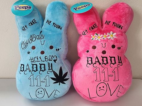 "12\" Lil Peep tatted squeaky plush bunny  OR light-up 11\" plush (has battery operated button, so the bunny will light up and glow different colors).  For the 12\" plushies, choose from: pink, blue, orange, purple, yellow, green, pink (v.2) with checkered/rainbow sides, or blue (v.2) with checkered/rainbow sides. (See all photos for visuals of the different colors and their designs! Version 2 pink and blue are shown in the second photo.) The 11\" Light-Up plushies come in either pink or purple with several HTV tattoo/designs. You will receive quantity of 1 plush of your choosing* Made to order, designed by yours truly. Bestselling to date! Handmade with permanent heat transfer vinyl and love🖤 if you want to customize or change up the designs at all, just let me know* Great for any Lil Pe Lil Peep Merch, Peep Bunny, Lil Peep Lyrics, Lil Peep Hellboy, Daisy Headband, Tv Girls, Cute Stuffed Animals, Bunny Plush, The Bunny