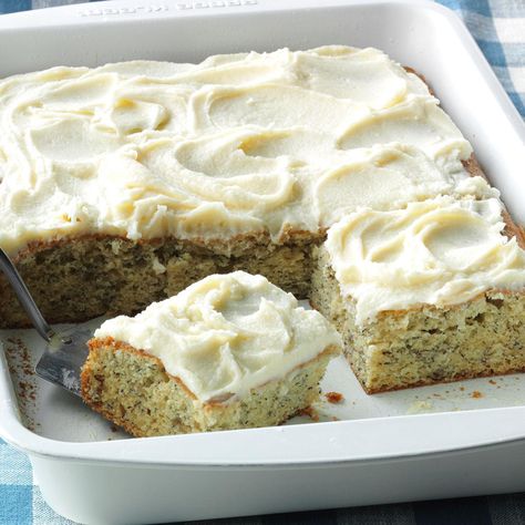 Grandma Riley's Banana Cake Recipe | Taste of Home Banana Sour Cream Cake, Sour Cream Icing, Cream Icing, Banana Bars, Banana Cake Recipe, Cream Cheese Frosting Recipe, Banana Flavored, Piece Of Cake, Classic Desserts