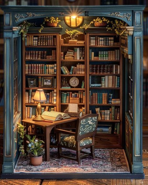 3d Library Design, Victorian Bookshelf Aesthetic, Bakery Book Nook, Doll House Library, Book Nook Aesthetic, Miniature Bookstore, Library Booknook, Library Diorama, Whimsical Library