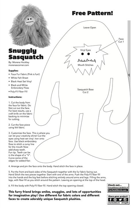 Snuggly Sasquatch and Yeti Free Pattern - Fairfield World Blog Bigfoot Plush Pattern, Crochet Sasquatch Free Pattern, Diy Bigfoot, Plushie Patterns Free, Bigfoot Pattern, Stuffed Animals Diy, Felt Animal Pattern, Soft Sculpture Art, Alien Patterns