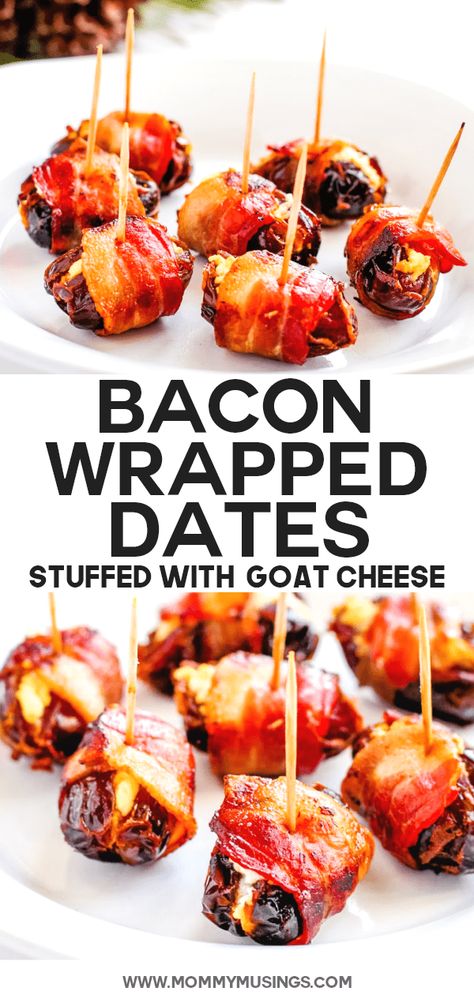 Bacon Wrapped Dates with Goat Cheese #appetizers #baconwrapped #baconrecipes #partyfood #easyappetizer #appetizersappetizerrecipes #goatcheese Dates With Goat Cheese, Bacon Wrapped Appetizers, Wrapped Dates, Goat Cheese Appetizer, Bacon Wrapped Dates, Goat Cheese Recipes, Bacon Appetizers, Appetizers Easy Finger Food, Finger Foods Easy