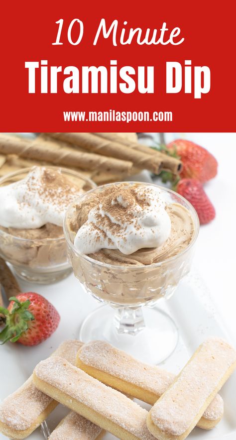 This is delicious tiramisu in dip form! So easy to make and it's ready in minutes. So perfect for a party or any gathering! Tiramisu Dip, Sweet Appetizer, Tiramisu Dessert, Cheese Party, Dessert Dips, Fresh Cream, Chocolate Bark, Baked Dessert Recipes, Chocolate Craving