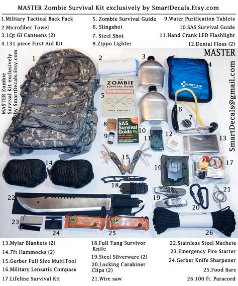 Survival kit Apocalypse Survival Kit, Zombie Survival Guide, Zombie Survival Kit, Doomsday Preppers, Doomsday Prepping, Emergency Survival Kit, Apocalypse Survival, Awesome Sauce, Zombie Survival