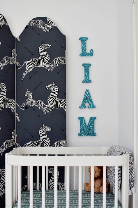 Upholstered Screen, Name Sign Diy, Liam Nursery, Noah’s Arch Nursery, Nestig Wave Crib, Wave Crib, Jungle Nursery Name Sign, Baby Name Signs For Nursery Boys Cricut, Monochrome Zoo Nursery