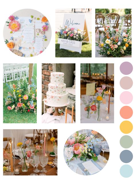 Summer Backyard Wedding Ceremony, Round Table Centerpieces Wedding Pastel, Spring Wedding Colors Pastel, Whimsical Color Palette Wedding, Colorful May Wedding, Subtle Color Wedding, May Wedding Palette, Colorful Wedding Moodboard, Fairy Court Wedding