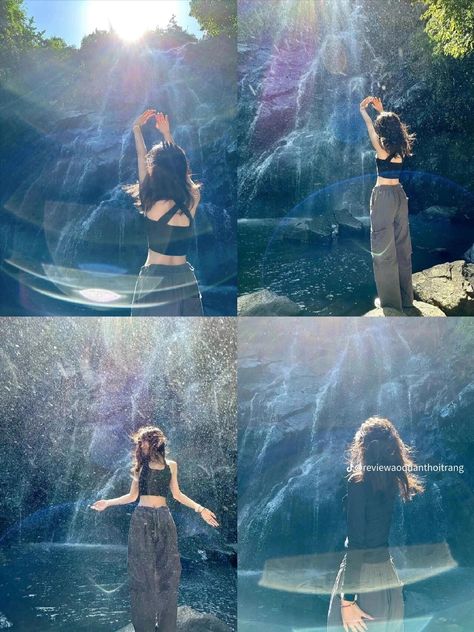 How To Pose Outdoors, Forest Pictures Poses, Waterfalls Outfit Ideas, Poses For Bigger Women, Waterfall Photoshoot Ideas, Waterfall Picture Ideas, Waterfall Poses, Sunset Photoshoot Ideas, Sisters Photoshoot Poses