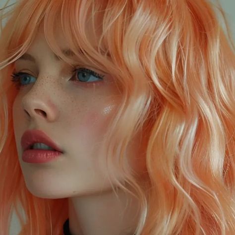 Pale Orange Hair, Pastel Peach Hair, Orange Hair Aesthetic, Peachy Hair Color, Pastel Orange Hair, Pastel Hair Colors, Peachy Orange Color, Red Hair Green Eyes, Dyed Hair Pastel