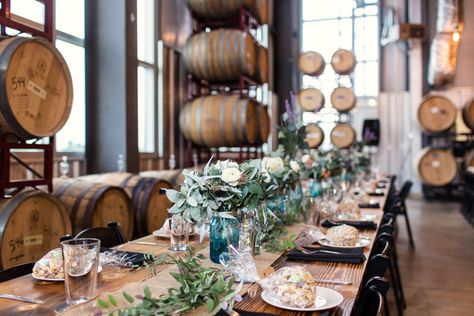 Rustic summer wedding reception in the Barrel Room at Destihl Brewery Barrel Room Wedding Decor, Brewery Wedding Reception Decor, Brewery Wedding Decor, Brewery Engagement Party, Brewery Wedding Decorations, Brewery Reception, Brewery Wedding Reception, Small Brewery, Marriage Celebration