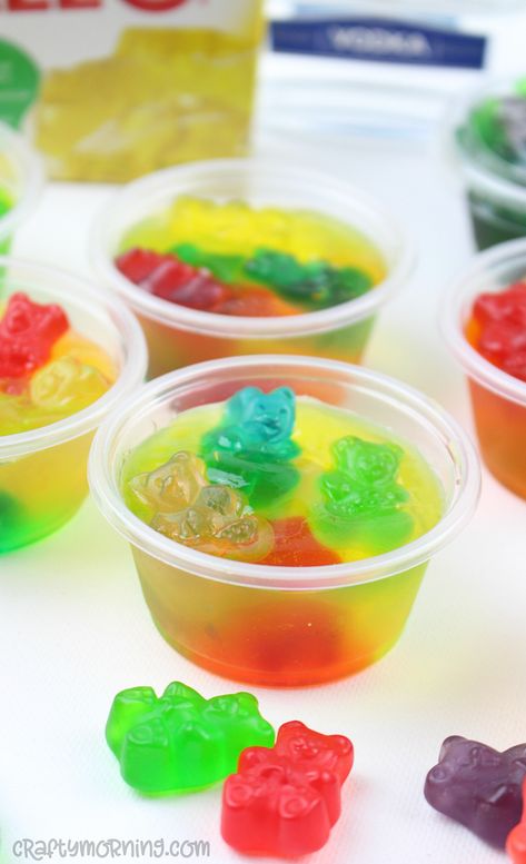 Gummy Bear Jello Shots - Crafty Morning #jello #jelloshots #gummybearrecipes #gummybeardesserts #kidfood Malibu Jello Shots, Tequila Jello Shots, Cookout Drinks, Cherry Jello Shots, Lemonade Jello Shots, Lemon Drop Shots, Jello Shooters, Best Jello Shots, Jello Shots Recipe