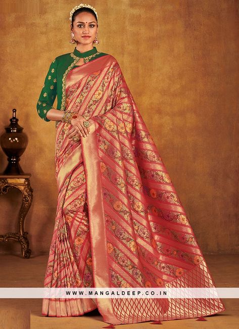 Stunning Pink Color Banarasi Silk Saree With Weaving Work #pink #saree Saree With Long Blouse, Onion Pink Saree Contrast Blouse, Pink Saree Contrast Blouse, Onion Pink Saree, Long Blouse Saree, Saree Contrast Blouse, Latest Saree Trends, India Saree, Onion Pink