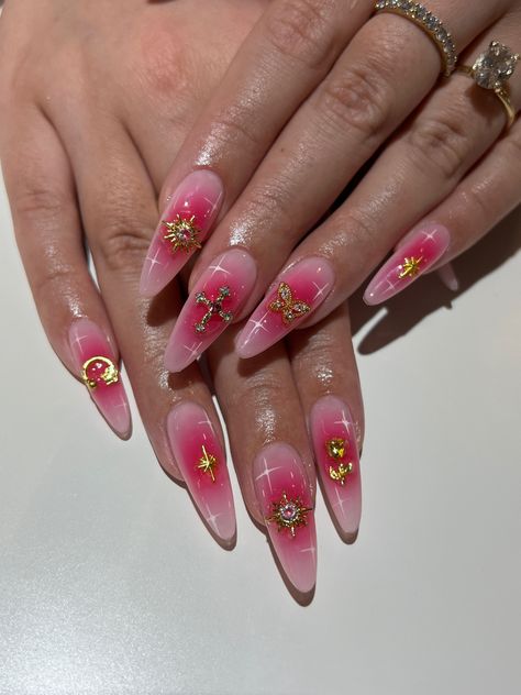 Stiletto Aura Nails, Long Almond Acrylic Nails Designs, Almond Gel X Nail Designs, Almond Nails With Charms, Dope Nails Almond, Charm Nail Designs, Gel X Nail Designs Almond, Long Almond Nails Designs, Kali Uchis Nail Ideas