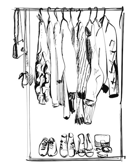 Clothes Rack Drawing, Wadrobe Clothes, Closet Sketch, Wardrobe Sketch, Closet Drawing, Wardrobe Illustration, Wardrobe Drawing, Vector Clothes, Closet Art