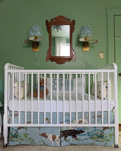 https://www.instagram.com/p/CfUGhVJs-sA/?igshid=MDJmNzVkMjY= Dr Suess Nursery, Eclectic Nursery, Blue Nursery Boy, Blue Crib, Custom Crib, Green Nursery, Bedroom Bliss, Crib Skirt, Crib Skirts