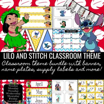 Have a gorgeous and organized room that students and parents will enjoy! This Lilo and Stitch classroom theme bundle will satisfy any fan. This package includes: -Calendar Months -Calendar Days -Days of the Week Poster -Birthday Chart -Name/Desk Plates -Classroom Supply Labels -Blank Labels -Class Banner *This product does not contain files that are editable. Stitch Classroom Theme, Lilo And Stitch Classroom Theme, Lilo And Stitch Theme, Elementary Classroom Decor Themes, Bee Classroom Decor, Preschool Classroom Themes, Organized Room, Classroom Supplies Labels, Disney Themed Classroom