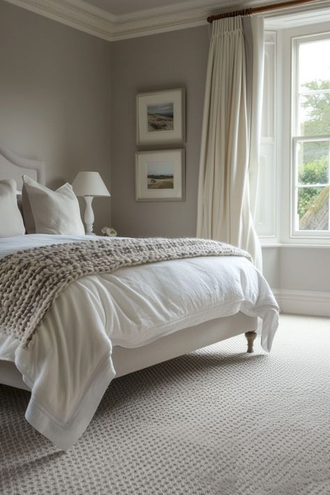 White Company Bedroom, Carpet Bedroom Ideas, Grey Carpet Bedroom, Gray Bedroom Ideas, Light Gray Bedroom, Grey Painted Walls, Gray Bedroom Walls, Elephants Breath, Gray Carpet