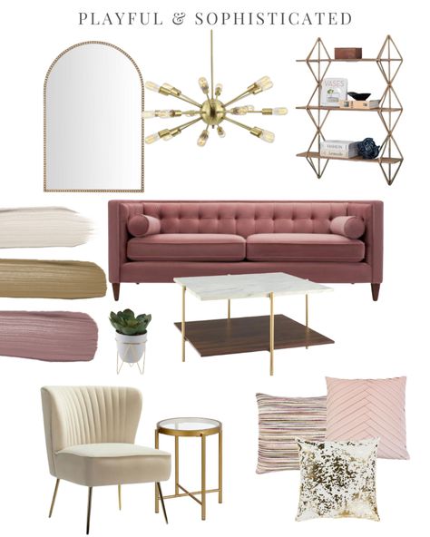 Pink and Gold Home Decor - Living Room Design - Marble Accents - Wood - Velvet Texture - Interior Design Pink And Gold Interior, Brown And Pink Living Room, Pink Gold Interior, Pink Gold Living Room, Pink And Gold Living Room, Pink Couch Living Room, Material Moodboard, Pink Velvet Couch, Texas Interior Design