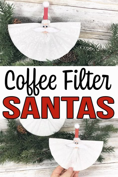 This Coffee Filter Santa is such a cute Christmas craft for kids and adults. Make these homemade Christmas decorations together in about 30 minutes. Transform coffee filters, clothespins, and glitter glue into Santa Claus! Great craft project for home or school. Coffee Filter Christmas, Diy Coffee Filter, Reindeer Crafts, Coffee Filter Wreath, Santa Party, Craft Hacks, Hobbies For Adults, Red Crafts, Christmas Tables