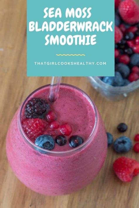 Sea Moss Bladderwrack Smoothie garnished with berries on a wooden background. Purple Sea Moss Recipes, Sea Moss Drink Recipes, Sea Moss Smoothie Recipes, Seamoss Smoothie Recipes, Seamoss Recipes, Vegetable Fruit Smoothie Recipes, Sea Moss Recipes, Sea Moss Smoothie, Sea Moss Benefits