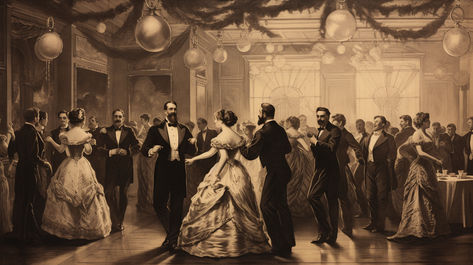 1870s bustle era Christmas ball in a small mansion ballroom black and white lithography, dancing couples Mansion Ballroom, Small Mansion, Ballroom Aesthetic, Winter Ball, Vintage Dance, Southern Gothic, Stage Set, Christmas Ball, Lithography