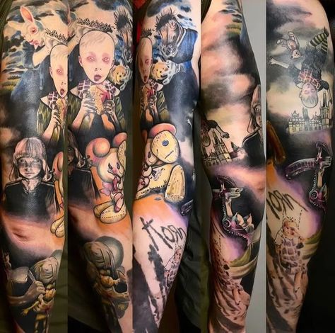 Korn Tattoo Ideas, Nu Metal Tattoo, Korn Tattoo, Band Tattoos, Album Sleeves, Groove Metal, Metal Tattoo, Leg Sleeve, Makeup Tattoos