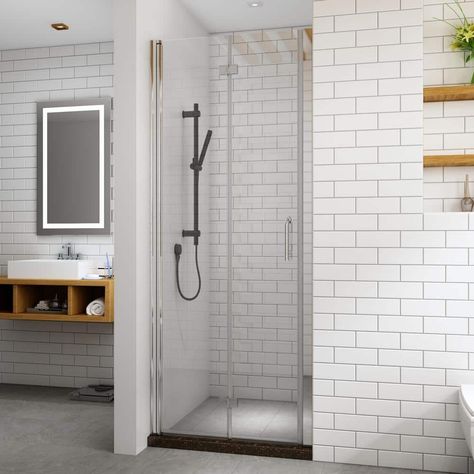 Makes your shower room looks simple and more generous. You can swing glass panel to 180° easily to get a wide walk-in range. Meanwhile, both left and right installation reversible also. The hinged bi-fold Glass Shower Tub, Semi Frameless Shower Doors, Framed Shower Door, Glass Shower Doors Frameless, Glass Shower Door, Small Showers, Tub Doors, Frameless Shower Doors, Glass Shower Doors