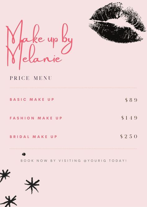 Make Up Price List Ideas, Price List Design Makeup, Makeup Price List Template, Makeup Menu Price List, Makeup Services List, Makeup Models Needed Post, Makeup Price List Ideas, Mua Price List, Makeup Artist Price List