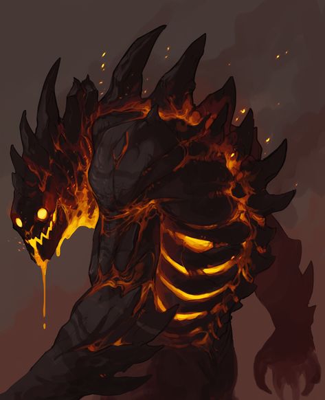 Large Monster Art, Carbon Claws, Golem Rpg, Lava Demon, Lava Golem, Dnd Monsters, Cool Monsters, Fantasy Beasts, 다크 판타지