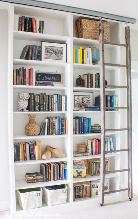 Billy Bookcase Hack with Library Ladder - The Lilypad Cottage How To Decorate A Bookshelf, Ikea Bookshelf Hack, Bookcase Ladder, Bookcase Hack, Ikea Built In, Billy Bookcases, Billy Bookcase Hack, Ikea Billy Bookcase Hack, Ikea Bookcase