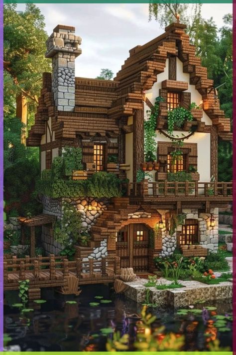 Cottage Mc House, Cottage Minecraft Idea Houses, Cottage Home Minecraft, Minecraft Cottage Mansion, Fairy Cottage Core Minecraft Builds, Cottage Houses Minecraft, Cottage Minecraft House Plans, Minecraft Tudor House, House In Minecraft Ideas