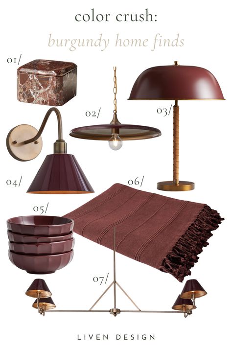 burgundy home decor. fall decor. burgundy chandelier. burgundy sconce. burgundy lamp. metal dome lamp. burgundy throw blanket. burgundy dinnerware. wine colored home decor. dark red. merlot. home trends. interior home trends. oxblood. maroon. #home #interiordesign #burgundy #fall Burgundy Interior Design Colour Palettes, Burgundy Room Decor, Burgundy Cabinets, Burgundy Living Room Decor, Burgundy Home Decor, Maroon Living Room, Maroon Decor, Olive Living Rooms, Maroon Interior