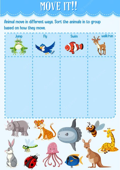 Premium Vector | Sort the animal into the group based on how they move worksheet for kindergarten Animal Groups Activities, Pattern Worksheets For Kindergarten, Movement Preschool, Preschool Counting, Animal Movement, Animal Worksheets, Free Preschool Printables, Kindergarden Activities, Numbers Kindergarten