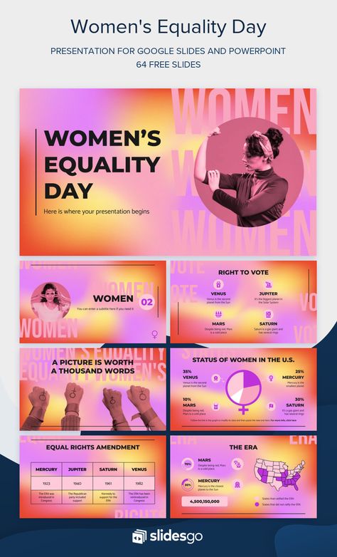 Create a presentation for Women's Equality Day and fight for what's right! Download this colorful template for Google Slides and PowerPoint Women Social Media Design, Woman Presentation, Colorful Ppt Template, Feminism Design, Woman Equality, Colorful Powerpoint Template, Womens Equality Day, Infographic About Women Empowerment, Women Empowerment Website Design