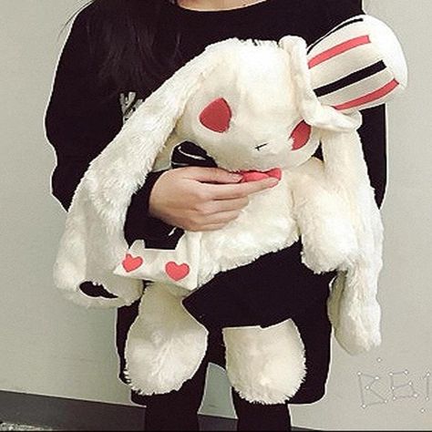 Scarameow Plushie, Gothic Plushies, White Rabbit Plush, Black And White Bow Tie, Evil Baby, Rabbit Backpack, Cute White Rabbit, Dark Gothic Fashion, Creepy Stuffed Animals