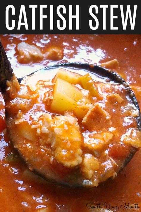 Catfish Stew | Classic Southern catfish stew recipe with potatoes, stewed tomatoes and fatback or bacon. Catfish Soup Recipes, Southern Catfish Stew Recipe, Catfish Stew Recipe, Gator Recipes, Catfish Stew, Recipe With Potatoes, Fish Stew Recipes, Stews Recipes, Catfish Recipes