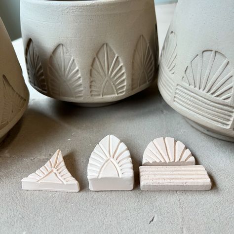 Where is my Autumn inspiration taking me? Apparently, we are headed down a texture rabbit hole! I have started stamping patterns in my wheel thrown mug forms with my hand carved stamps, and I can't wait to see how they turn out. There is something so beautiful about the way pressing stamps into the flat softens and misshapes the perfect roundness of a thrown form. I am loving the gentleness of these shapes combined with the sharp edges of the stamps. I am so excited to see how glazes pool ... Hand Carved Stamps Pattern, Mug Forms, Texture Pottery, Ceramic Stamps, Textured Pottery, Texture Stamps, Pottery Stamps, Pottery Stamp, Carved Stamps