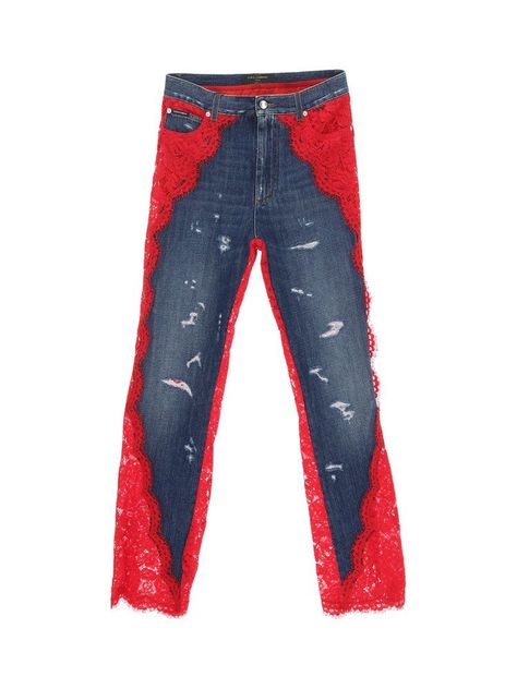 Dolce & Gabbana Distressed Lace-Detailed Wide-Leg Jeans Outfit Generator, Pixie Cut Styles, Blue Jean Outfits, Runway Fashion Couture, Custom Jeans, Fashion Design Sketches, Autumn Fashion Women, Upcycle Clothes, Cut And Style