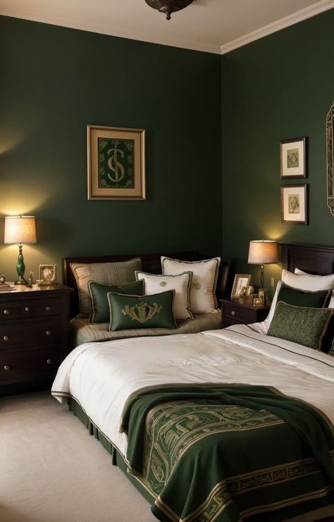 Slytherin Room Aesthetic, Slytherin Bedroom Aesthetic, Slytherin Bedroom, Slytherin Decor, Hogwarts Bedroom, Slytherin Room, Harry Potter Room Decor, Green Rooms, Bedroom Green