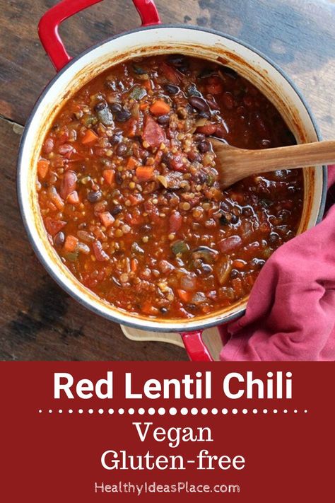 Red Lentil Chili, Lentil Chilli, Lentil Chili Recipe, Lentil Recipes Healthy, Red Lentil Recipes, Vegetarian Party Food, Lentil Chili, Slow Cooker Lentils, Lentil Dishes