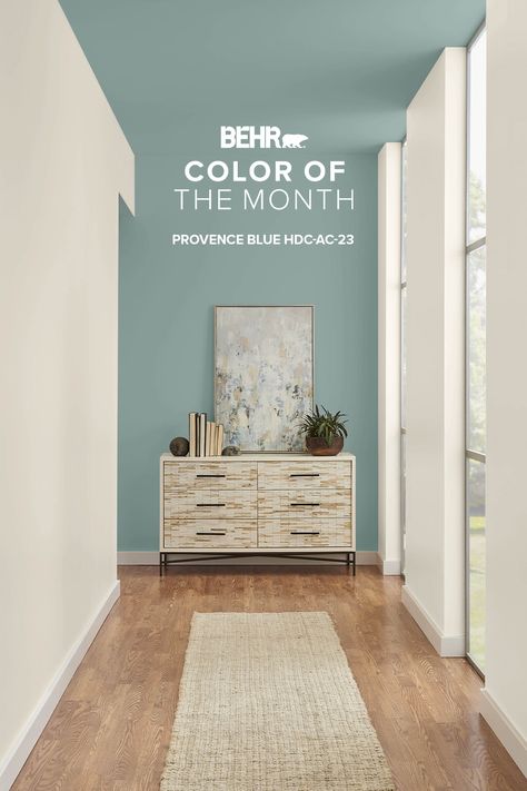 Provence Blue, our January Color of the Month, is a dreamy hue that makes any space more inviting. Give your home a soothing start to the year. January Colors, Behr Colors, Color Of The Month, Blue Green Paints, Paint Color Inspiration, Paint Color Schemes, Green Paint Colors, Interior Paint Colors, Paint Colors For Home